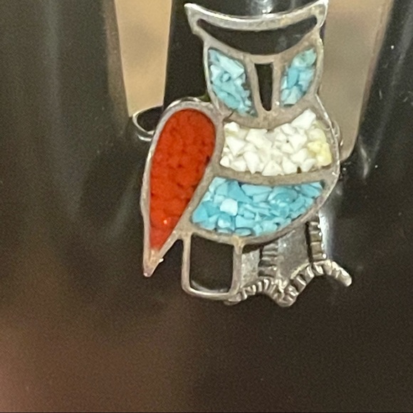 Vintage Native American Sterling silver chip inlay OWL ring sz 5 - Picture 2 of 8
